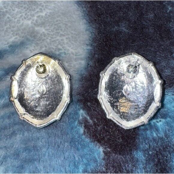 EARRINGS VTG Black & Cream Enameled Silver Pierced - Picture 3 of 8